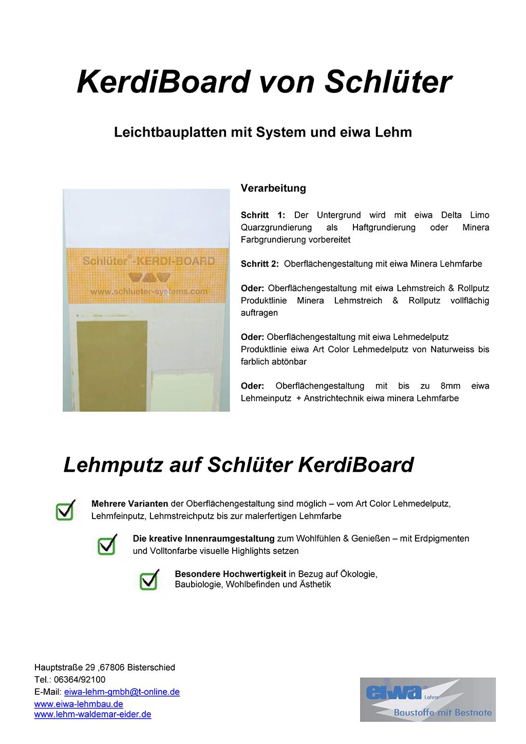 Flyer eiwa Lehmputz auf KerdiBoard Leichtbauplatte, Seite 1